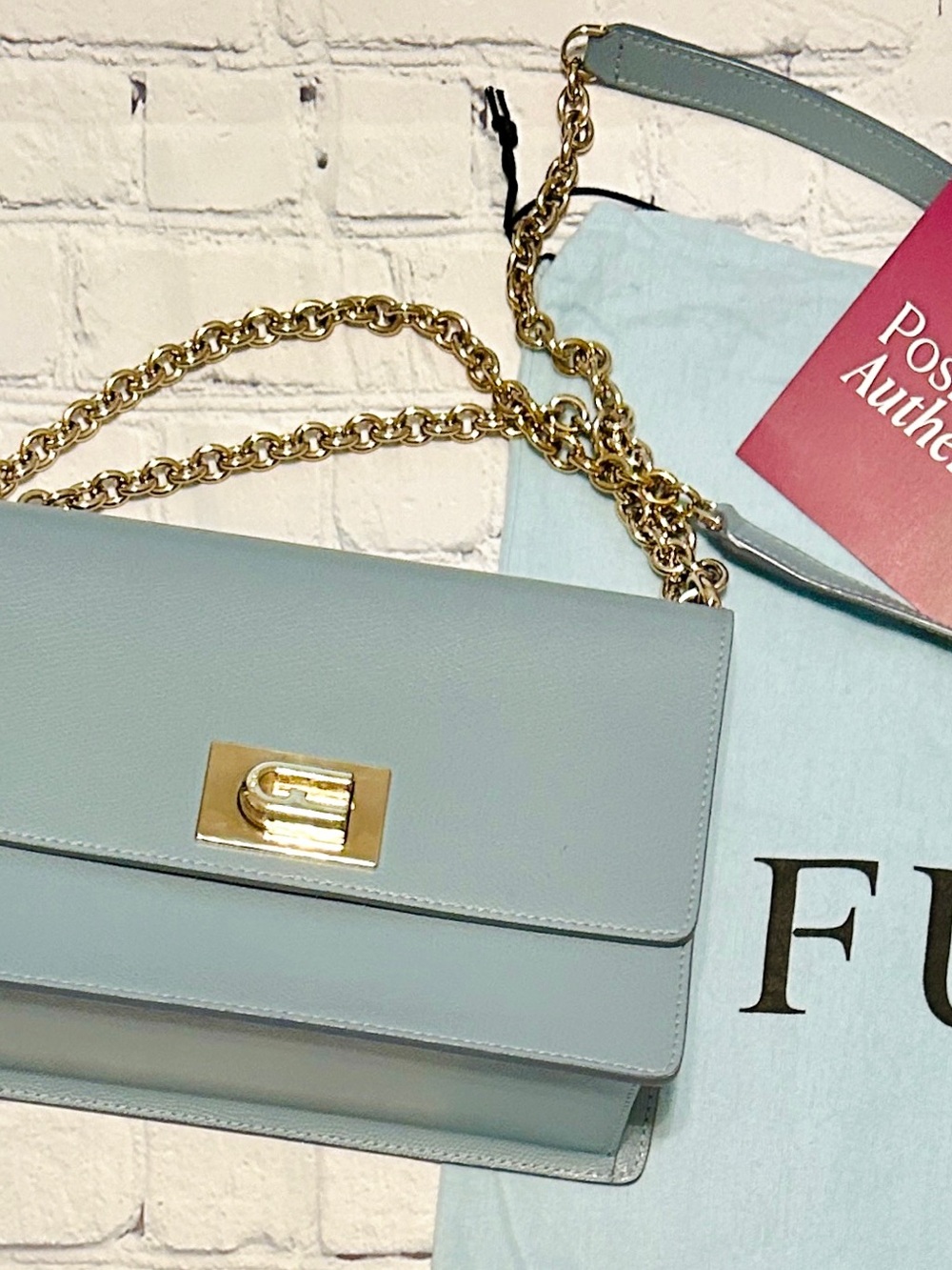 Furla 1927 Blue Structured Purse - Chain & Leather Convertible Strap - Dust Bag